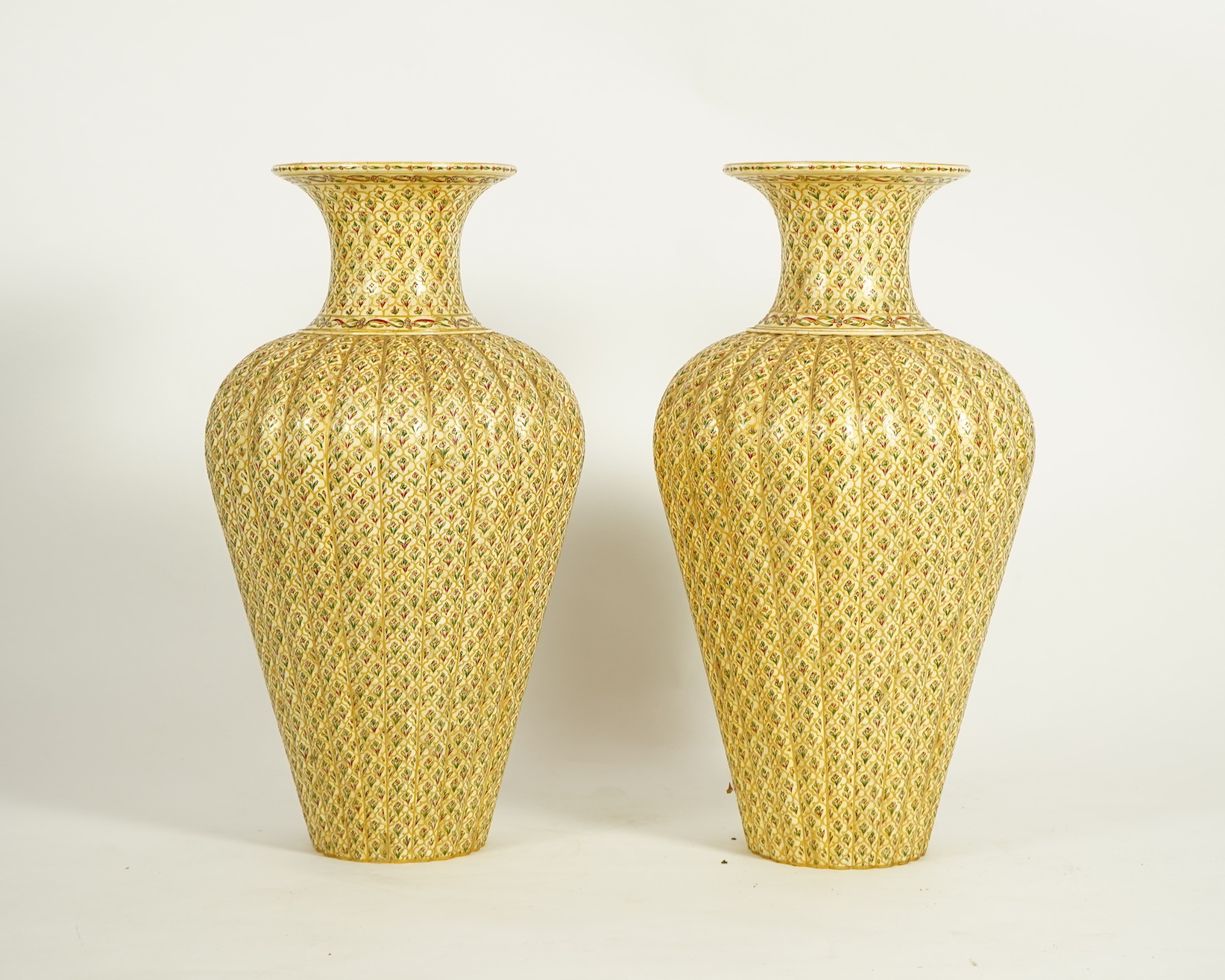A pair of large Indian painted bone veneered vases, in Mughal style